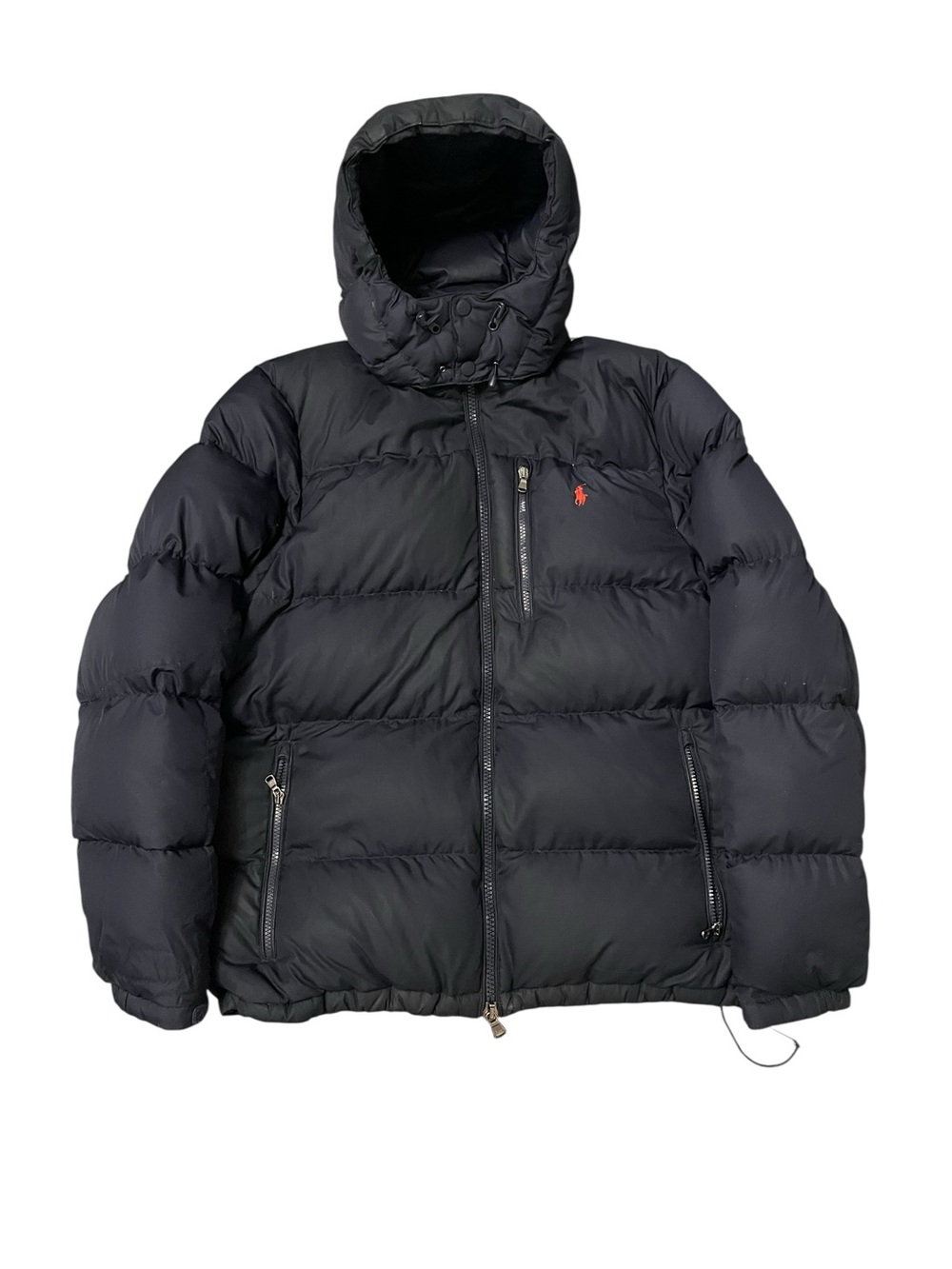 Ralph Lauren Black Hooded Puffer Coat with Red Pony